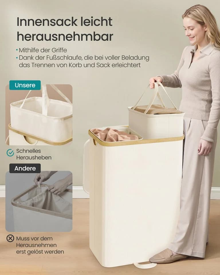 SONGMICS Wäschekorb mit Deckel und herausnehmbarem Sack Creme - Bild 3