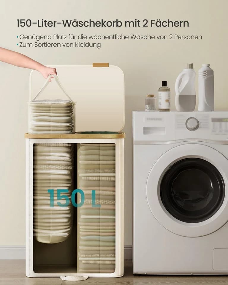 SONGMICS Wäschekorb mit Deckel und herausnehmbarem Sack Creme - Bild 5