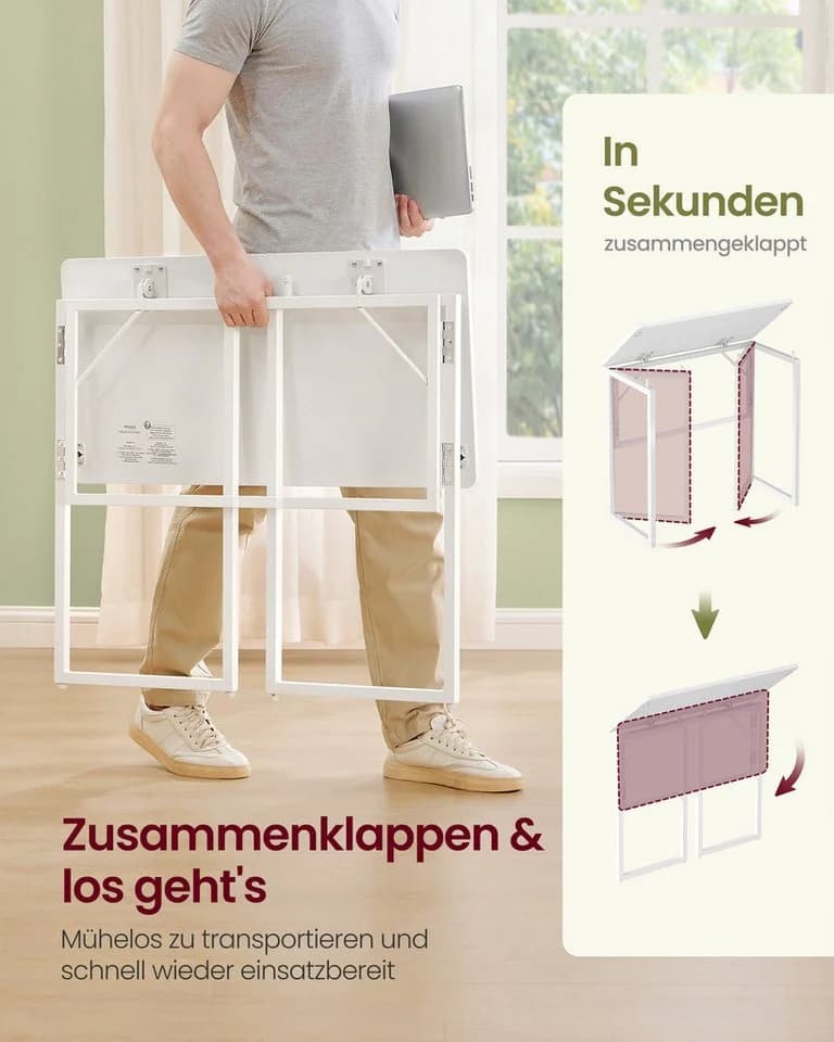VASAGLE Klapptisch, kleiner Schreibtisch klappbar, Computertisch, Tischplatte aus einem Stück, abgerundete Ecken - Bild 4