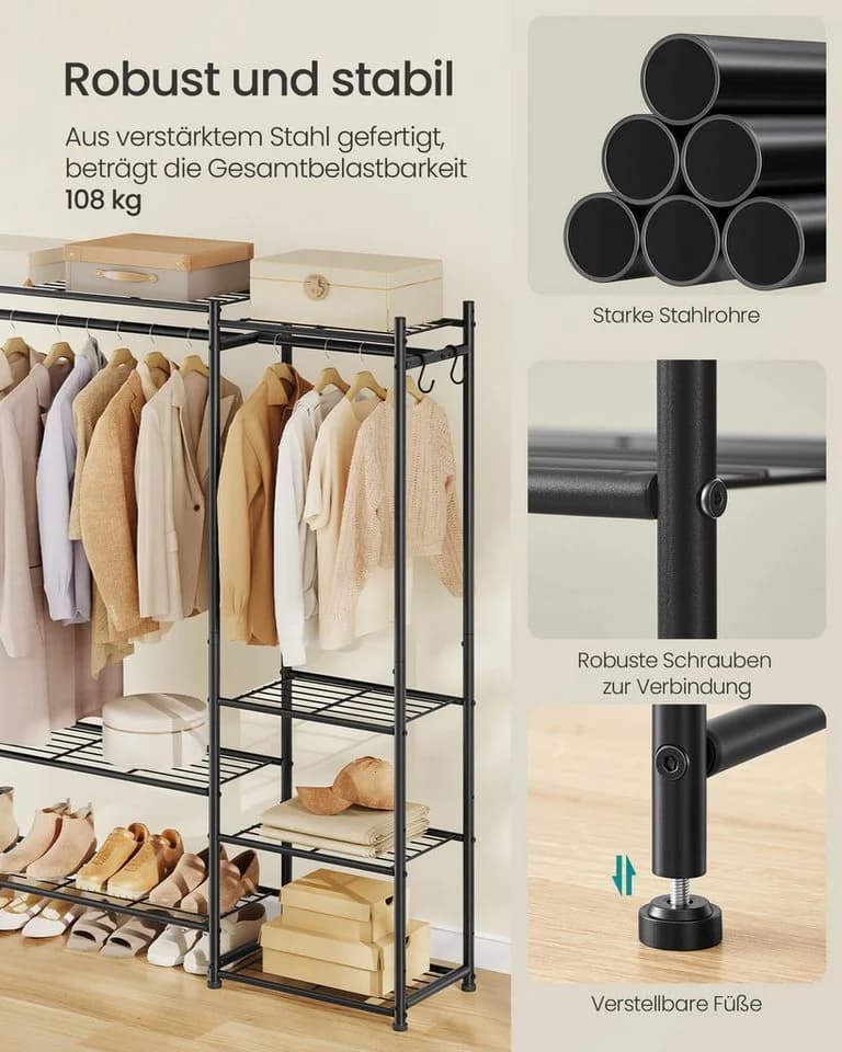 SONGMICS Kleiderschrank Offener Kleiderschrank Garderobenständer Mit Ablagen Schwarz - Bild 4