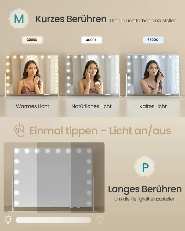 SONGMICS Schminkspiegel mit Beleuchtung, dimmbar, Touch-Steuerung, USB, Weiß - Bild 4