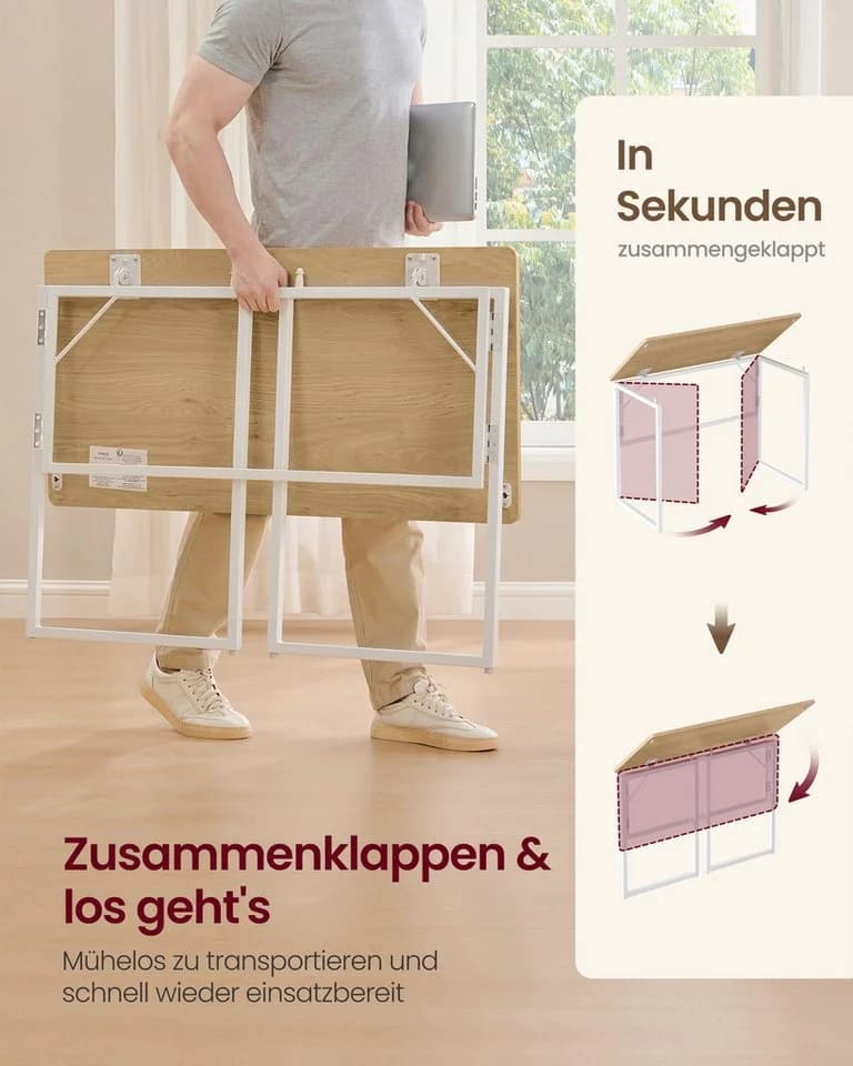VASAGLE Schreibtisch Klapptisch, kleiner Schreibtisch klappbar, Computertisch, Tischplatte aus einem Stück, abgerundete Ecken, Tisch - Bild 4