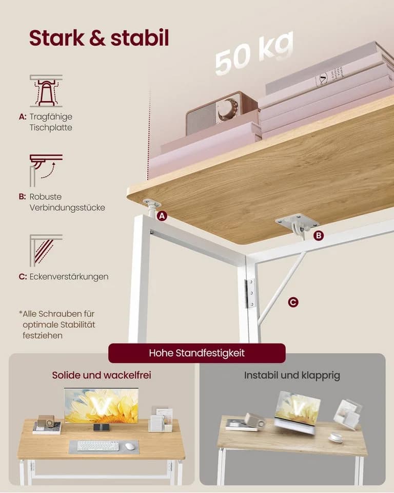 VASAGLE Schreibtisch Klapptisch, kleiner Schreibtisch klappbar, Computertisch, Tischplatte aus einem Stück, abgerundete Ecken, Tisch - Bild 5