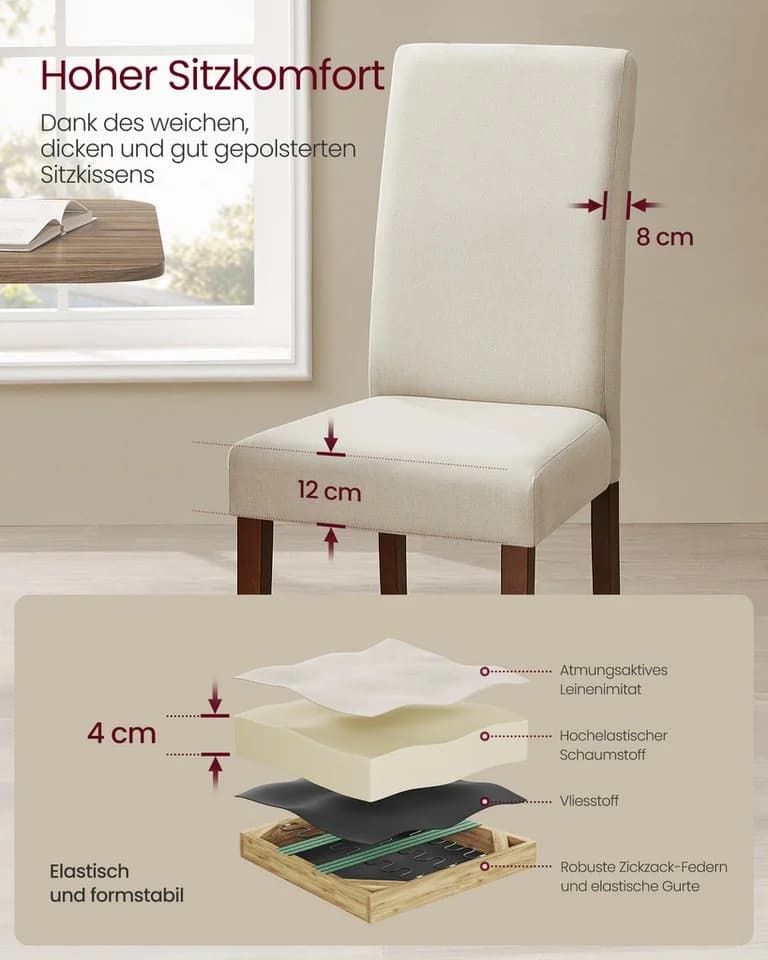 VASAGLE Esszimmerstuhl 6er Set Parsons-Stil Cremeweiß - Bild 4