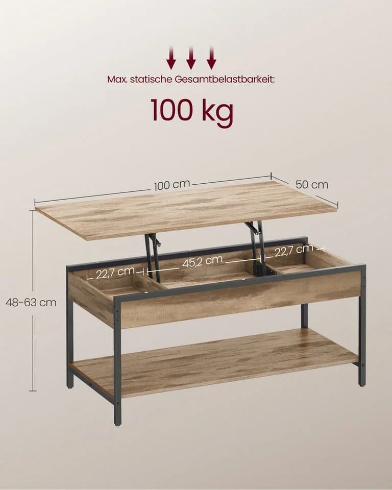 VASAGLE Höhenverstellbarer Couchtisch mit Fach Braun-Schwarz - Bild 3
