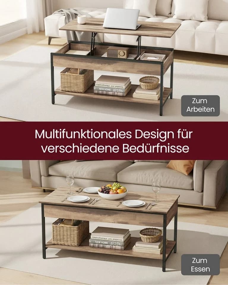 VASAGLE Höhenverstellbarer Couchtisch mit Fach Braun-Schwarz - Bild 4