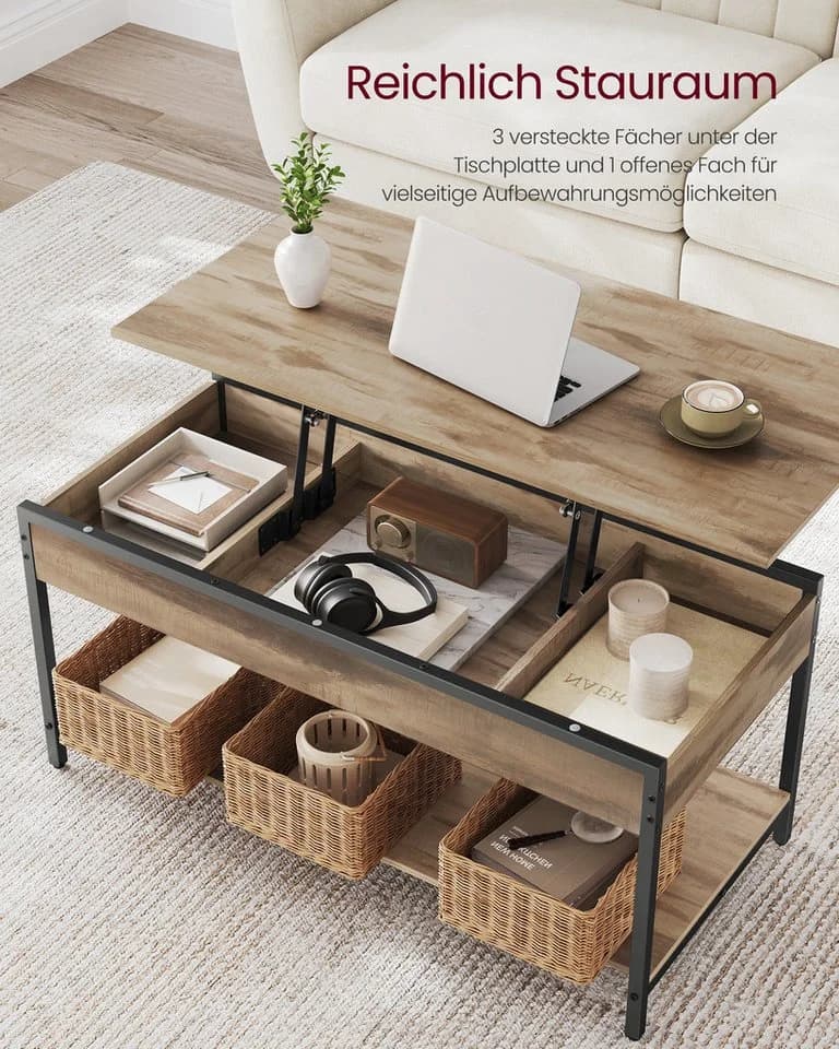 VASAGLE Höhenverstellbarer Couchtisch mit Fach Braun-Schwarz - Bild 5