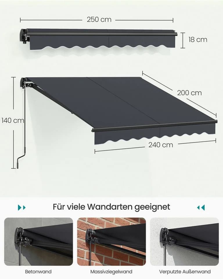 SONGMICS Klemmmarkise Gelenkarmmarkise Grau UPF 50+ Handkurbel - Bild 3