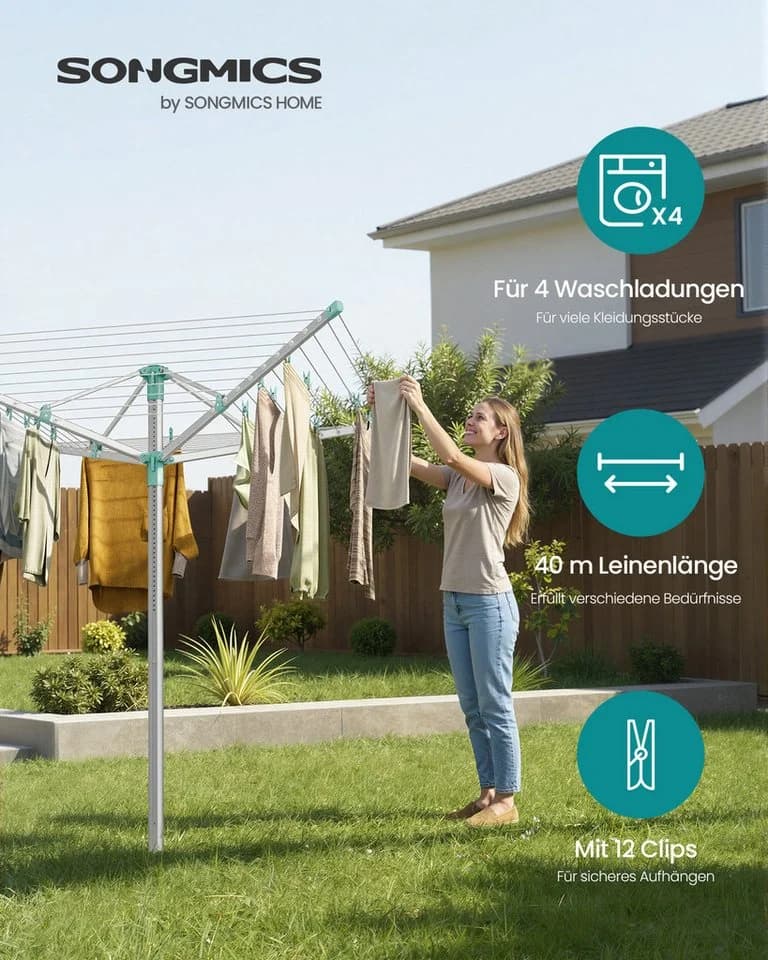 SONGMICS Wäscheständer höhenverstellbar 40 m Wäscheleine für 4 Waschladungen draußen - Bild 4