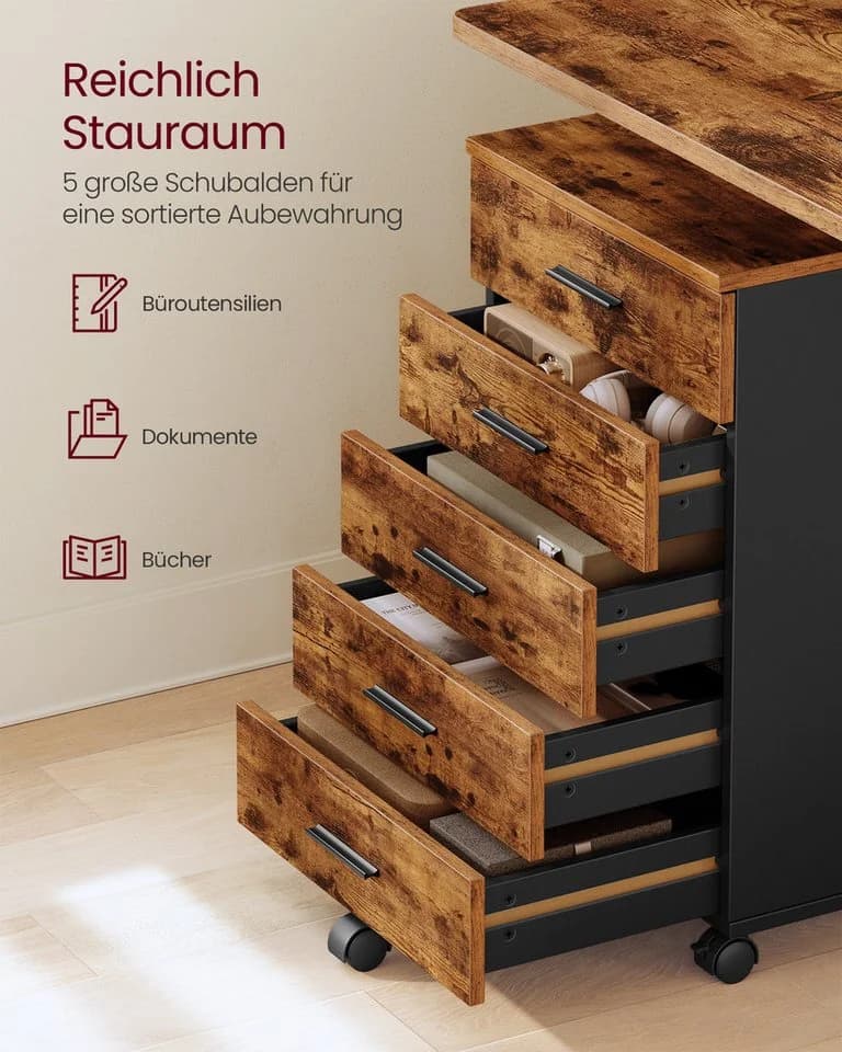 VASAGLE Rollcontainer Aktenschrank 5 Schubladen mit schraubenlosen Gleitschienen - Bild 3