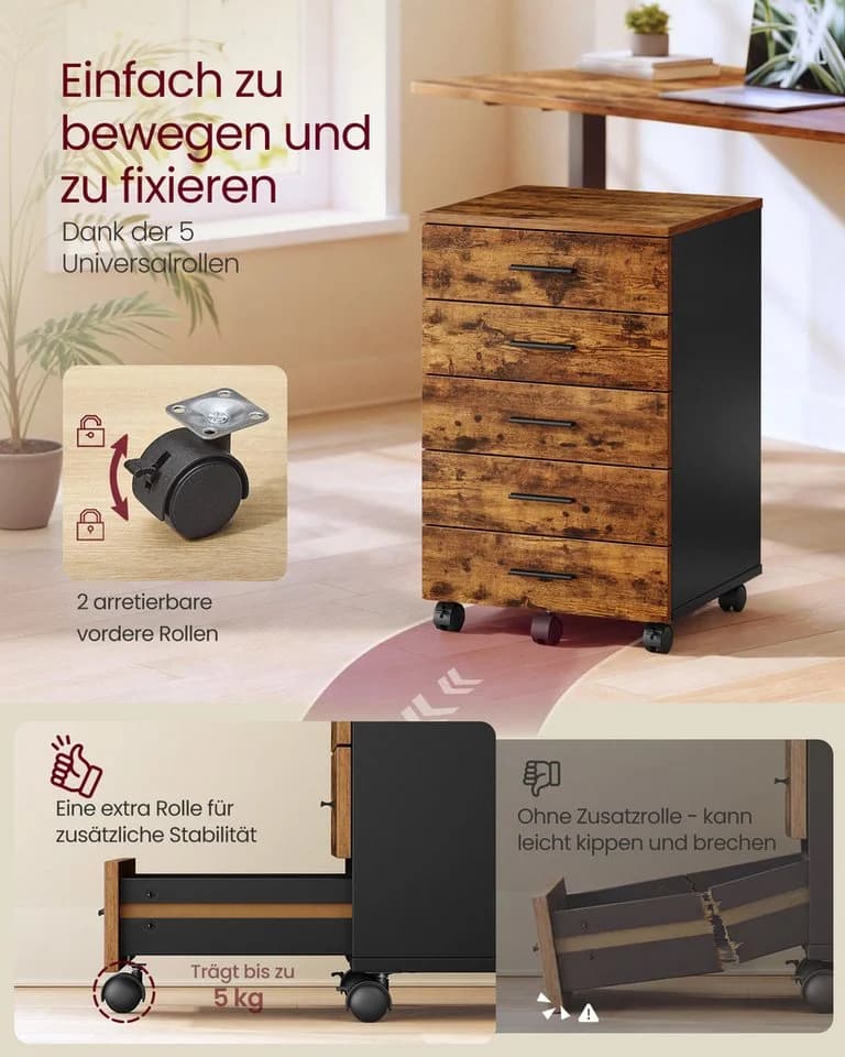 VASAGLE Rollcontainer Aktenschrank 5 Schubladen mit schraubenlosen Gleitschienen - Bild 5