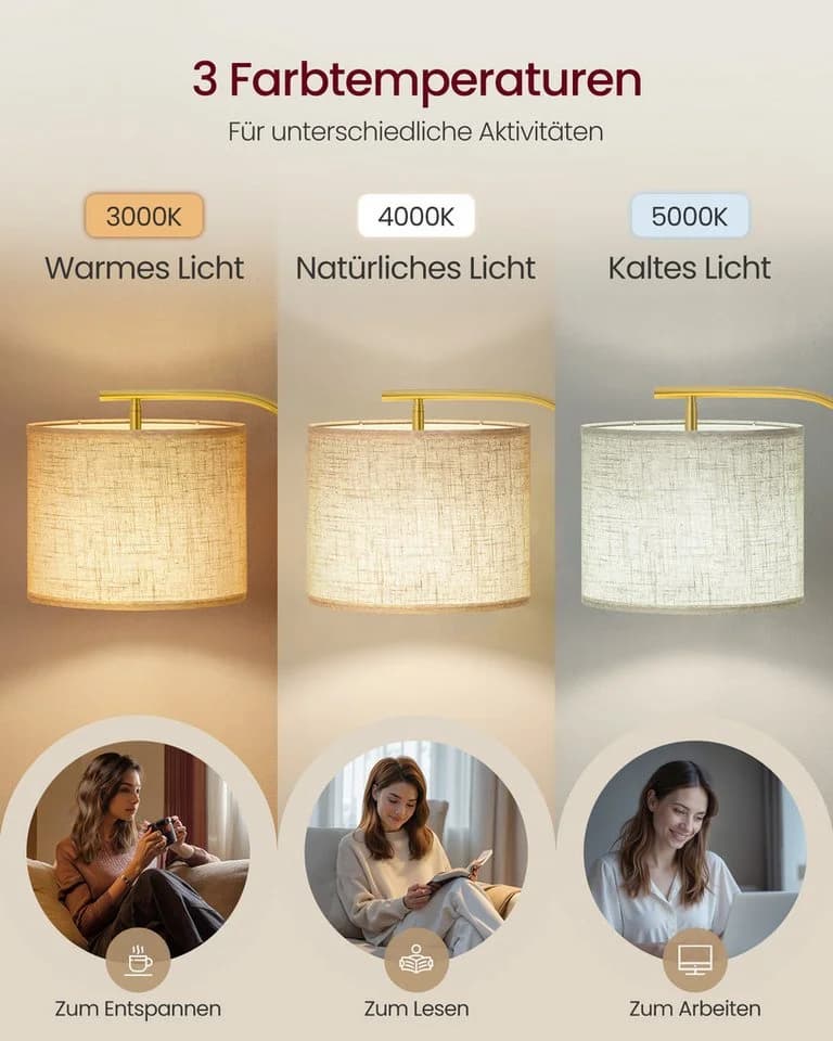 VASAGLE Stehlampe Bogenlampe Modern Mattschwarz Blassgold - Bild 3