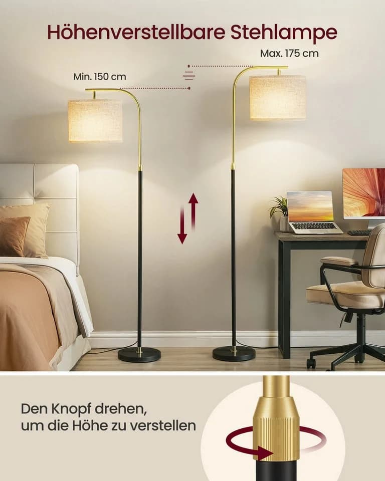 VASAGLE Stehlampe Bogenlampe Modern Mattschwarz Blassgold - Bild 4