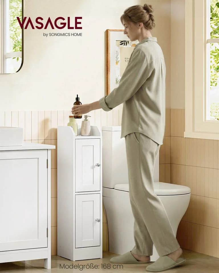 VASAGLE Badschrank schmal Landhausstil Weiß/Grau mit verstellbaren Ablagen