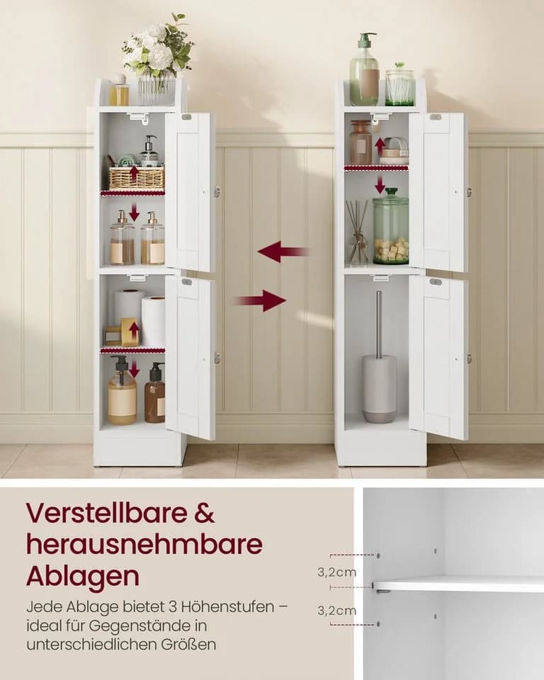 VASAGLE Badschrank schmal Landhausstil Weiß/Grau mit verstellbaren Ablagen - Bild 4