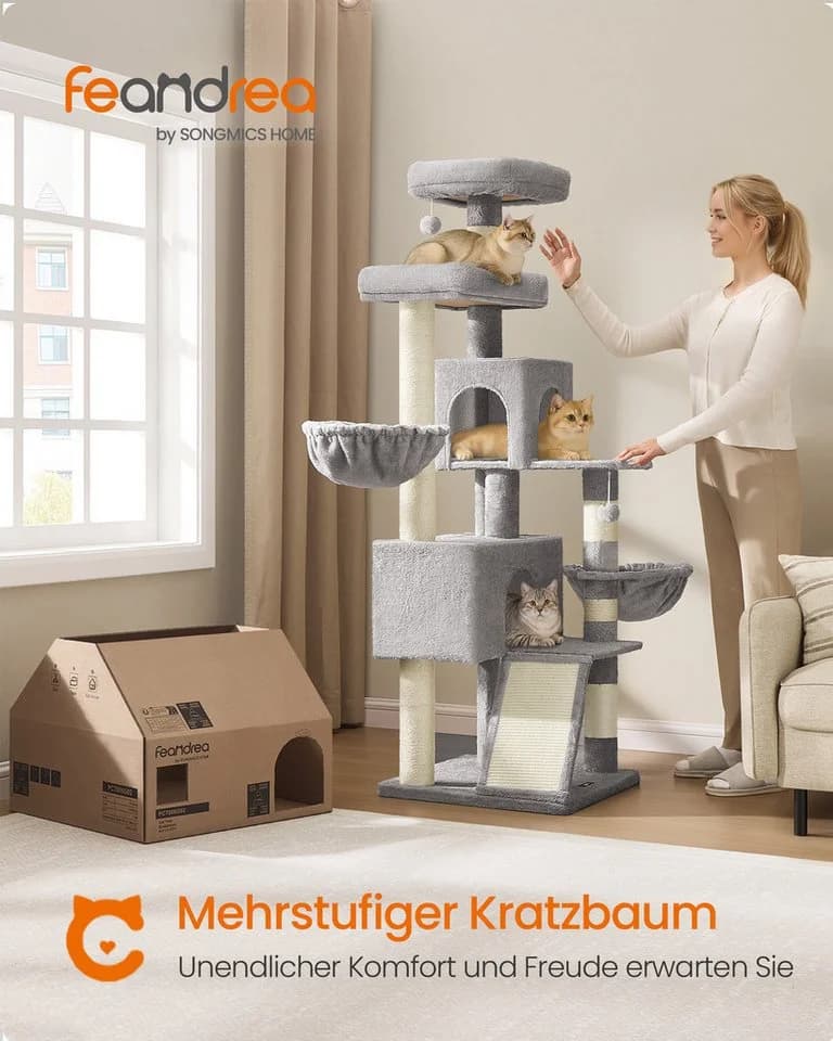 FEANDREA Katzenbaum 174 cm mit Doppelhöhle und Plattform Taubengrau