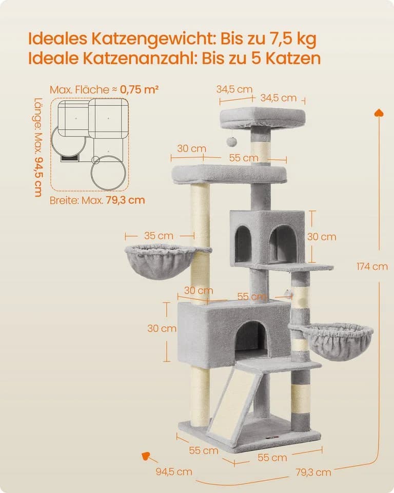 FEANDREA Katzenbaum 174 cm mit Doppelhöhle und Plattform Taubengrau - Bild 5
