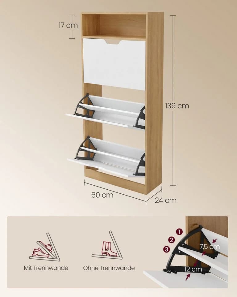 VASAGLE Schuhschrank 3 Klappen Eichenfarben-Weiß - Bild 3