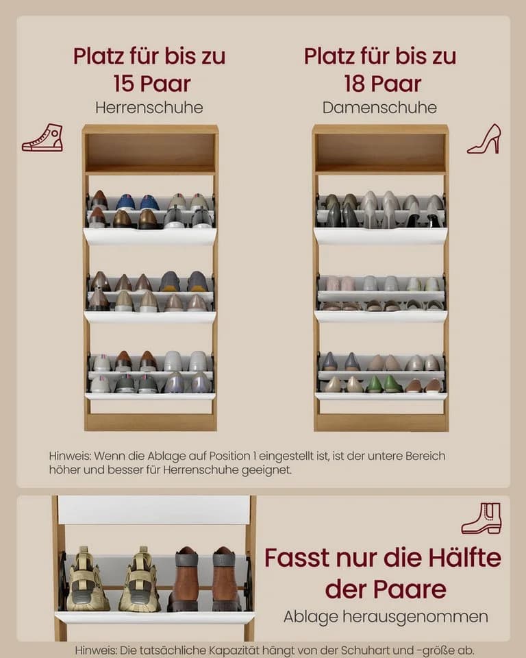 VASAGLE Schuhschrank 3 Klappen Eichenfarben-Weiß - Bild 5