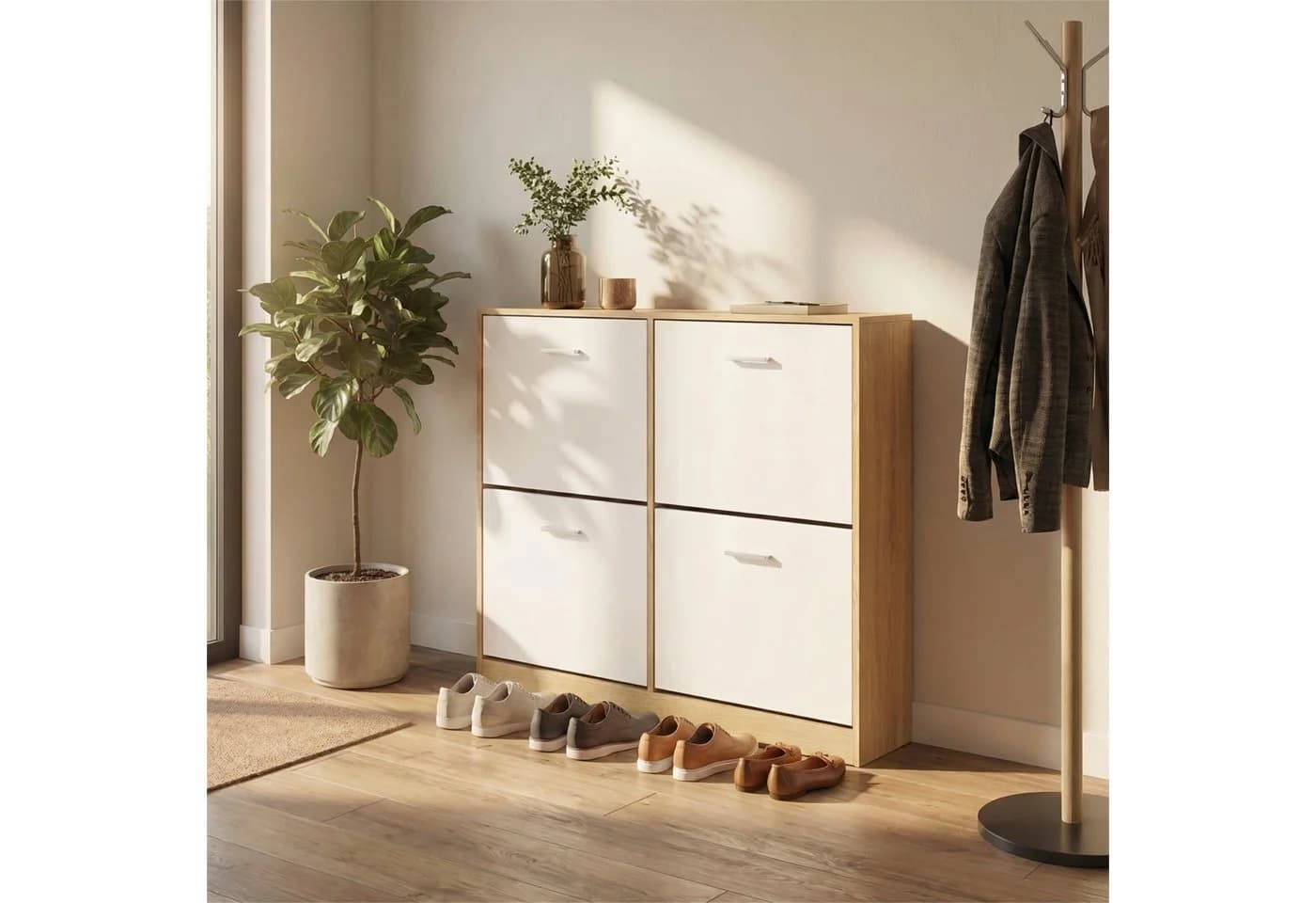 VASAGLE Schuhschrank 4 Klappen Weiß Beige