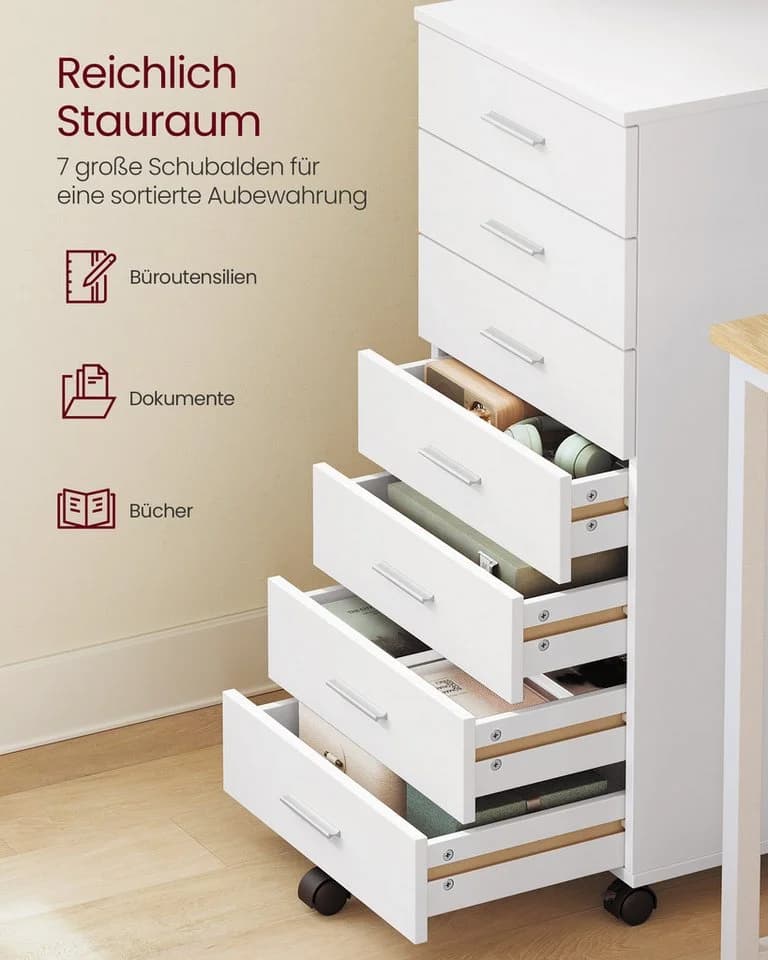 VASAGLE Rollcontainer 7 Schubladen Weiß Mobiler Aktenschrank - Bild 3
