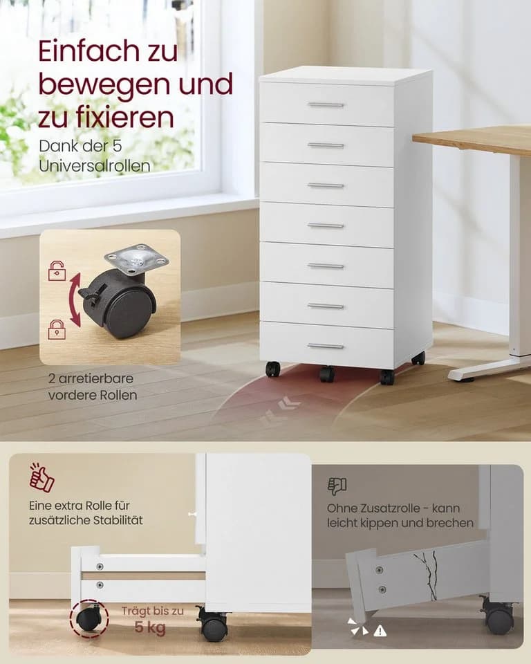 VASAGLE Rollcontainer 7 Schubladen Weiß Mobiler Aktenschrank - Bild 5