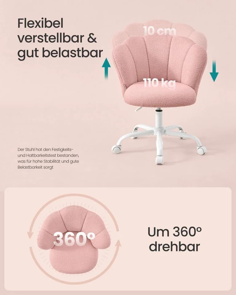 SONGMICS Bürostuhl drehbar Schminktischstuhl Fleece Rosa - Bild 5
