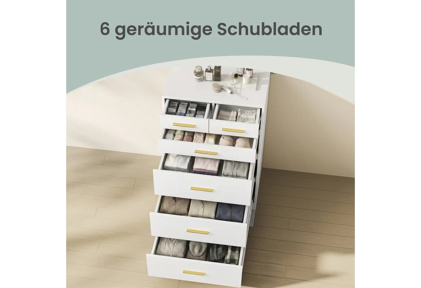 VASAGLE Kommode 6 Schubladen Weiß mit LED & Steckdose - Bild 3