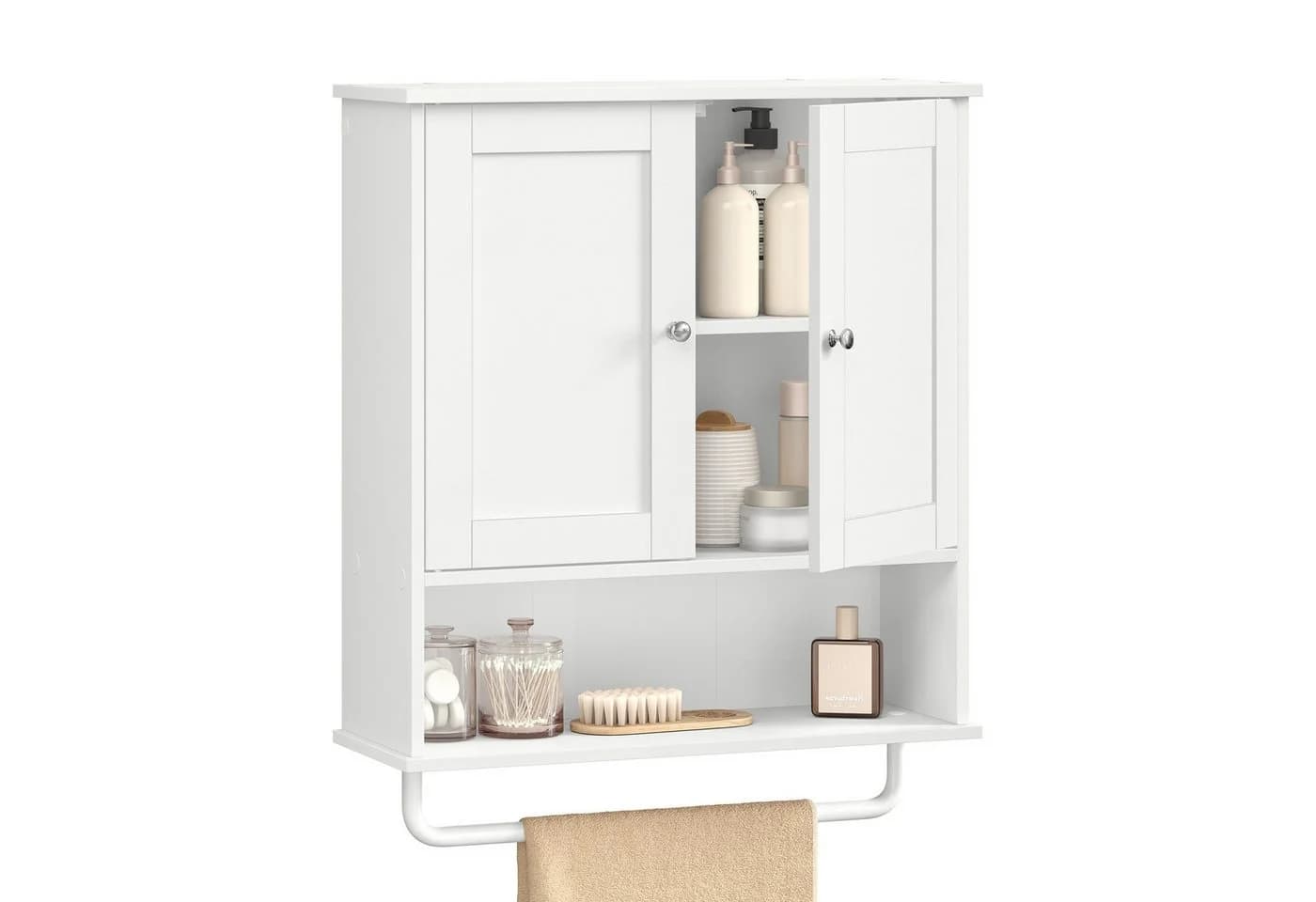 VASAGLE Hängeschrank Wandschrank mit Türen, Handtuchhalter und offenem Fach Weiß - Bild 2