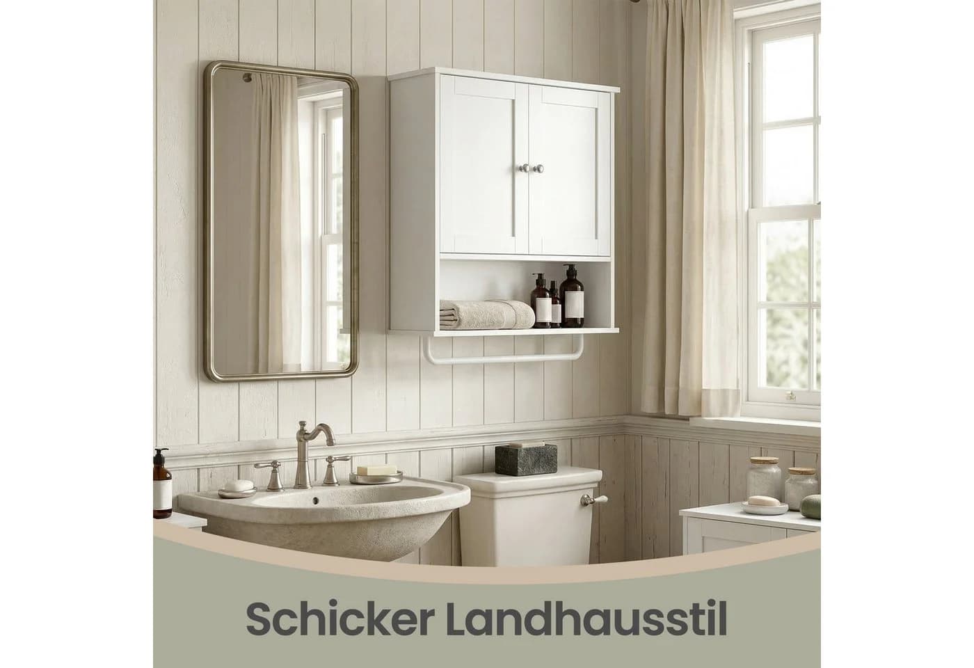 VASAGLE Hängeschrank Wandschrank mit Türen, Handtuchhalter und offenem Fach Weiß - Bild 5