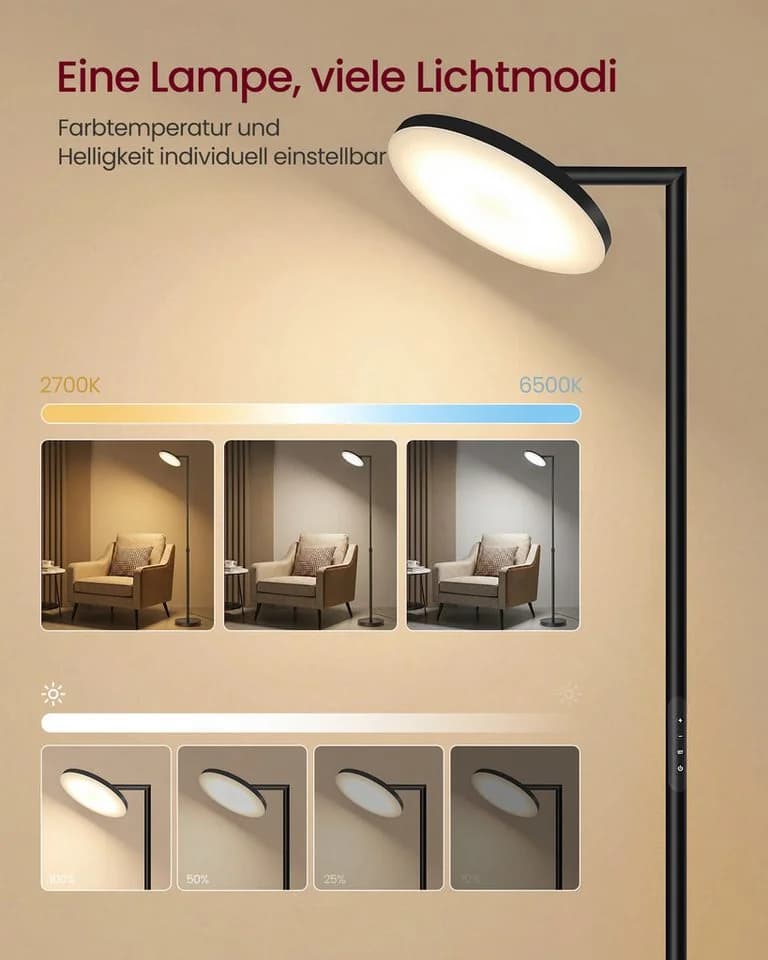 VASAGLE LED-Stehlampe Mattschwarz mit drehbarem Kopf und Timer - Bild 5
