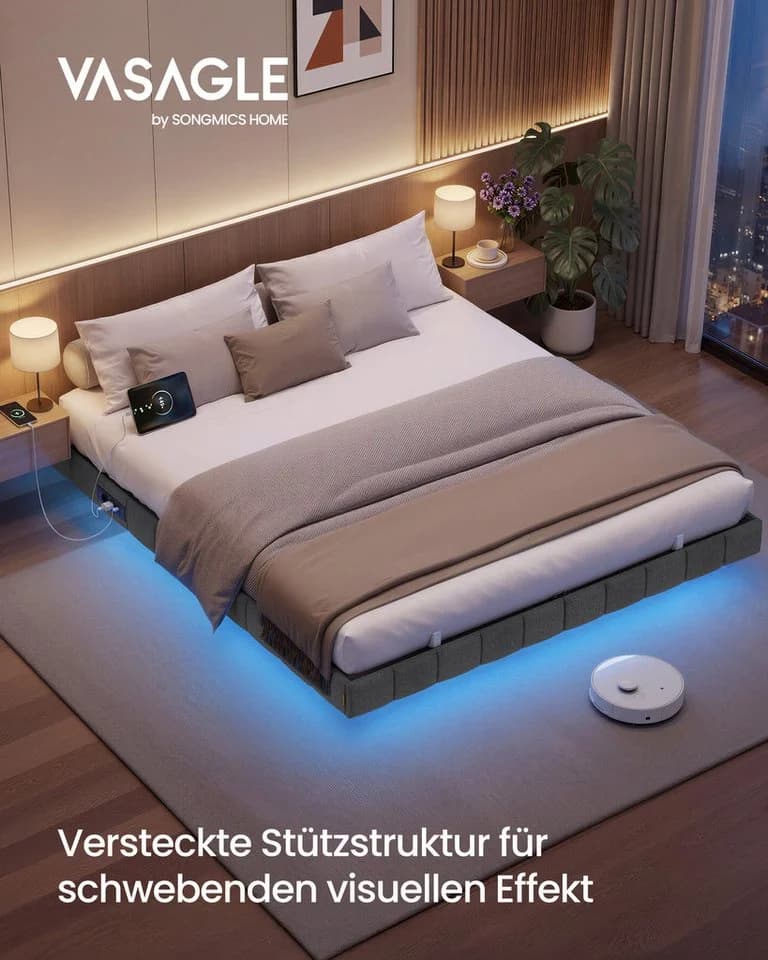 VASAGLE Polsterbett mit LED-Beleuchtung und Steckdosenleiste Grau