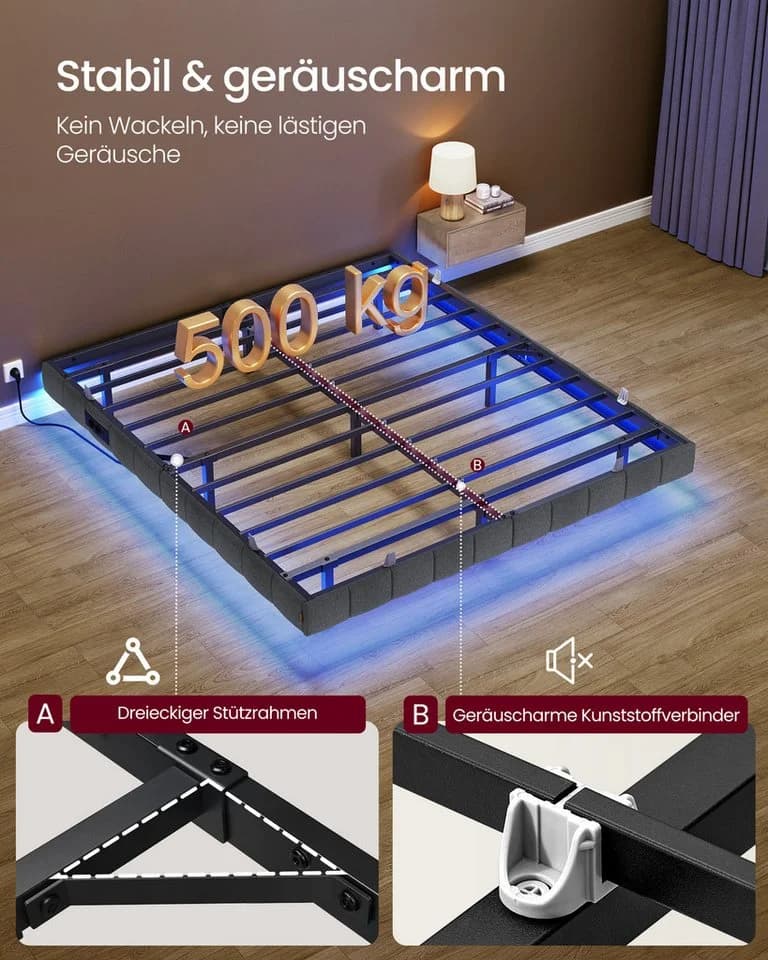 VASAGLE Polsterbett mit LED-Beleuchtung und Steckdosenleiste Grau - Bild 5