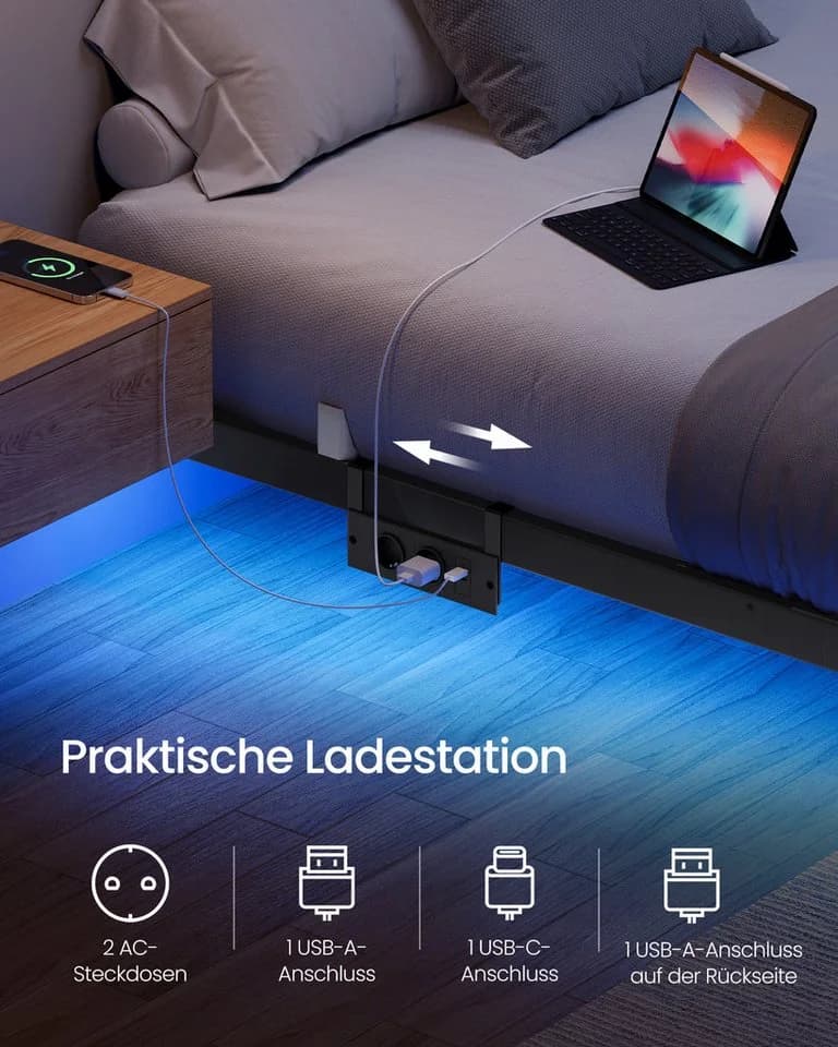 VASAGLE Bettgestell Schwarz mit LED-Beleuchtung und USB-C-Anschluss - Bild 3