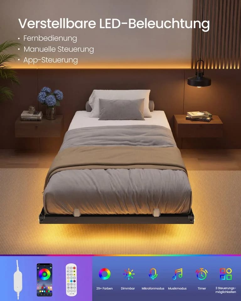 VASAGLE Bettgestell Schwarz mit LED-Beleuchtung und USB-C-Anschluss - Bild 4