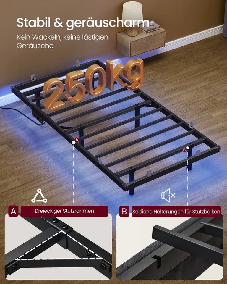 VASAGLE Bettgestell Schwarz mit LED-Beleuchtung und USB-C-Anschluss - Bild 5