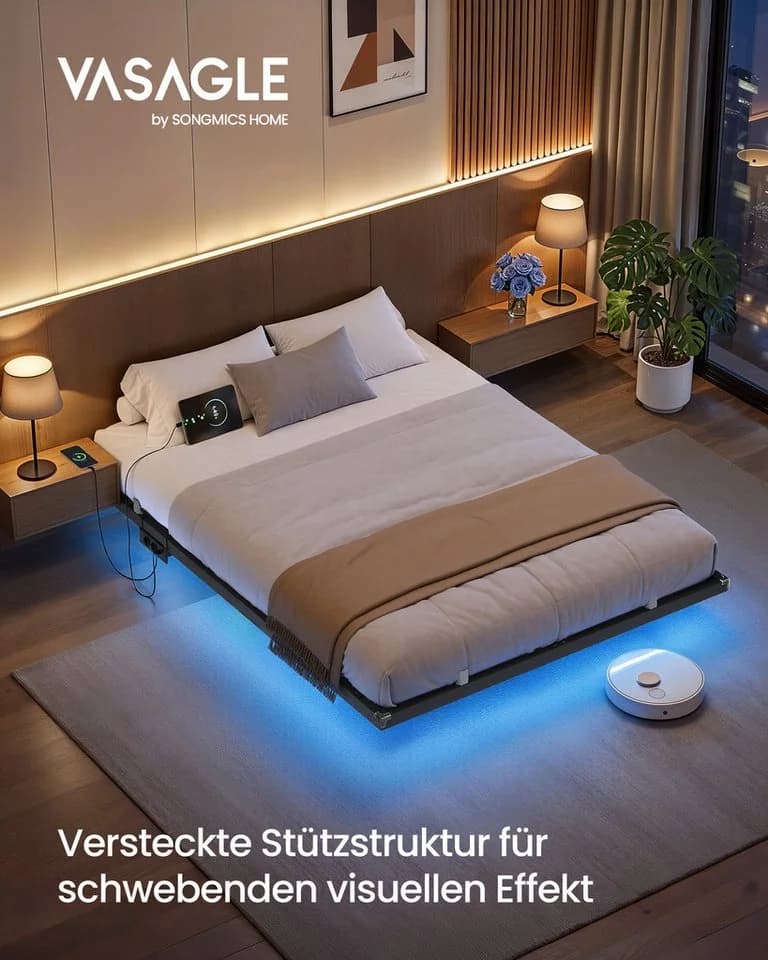 VASAGLE Bettgestell Schwarz mit LED-Beleuchtung und Steckdosenleiste