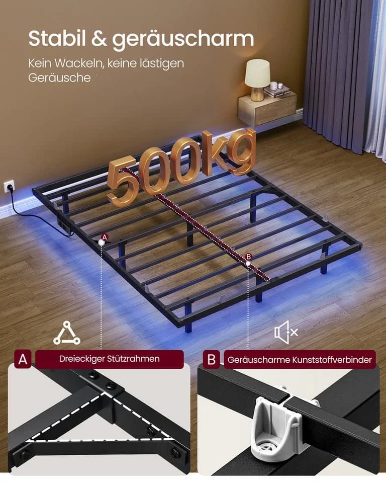 VASAGLE Bettgestell Schwarz mit LED-Beleuchtung und Steckdosenleiste - Bild 5