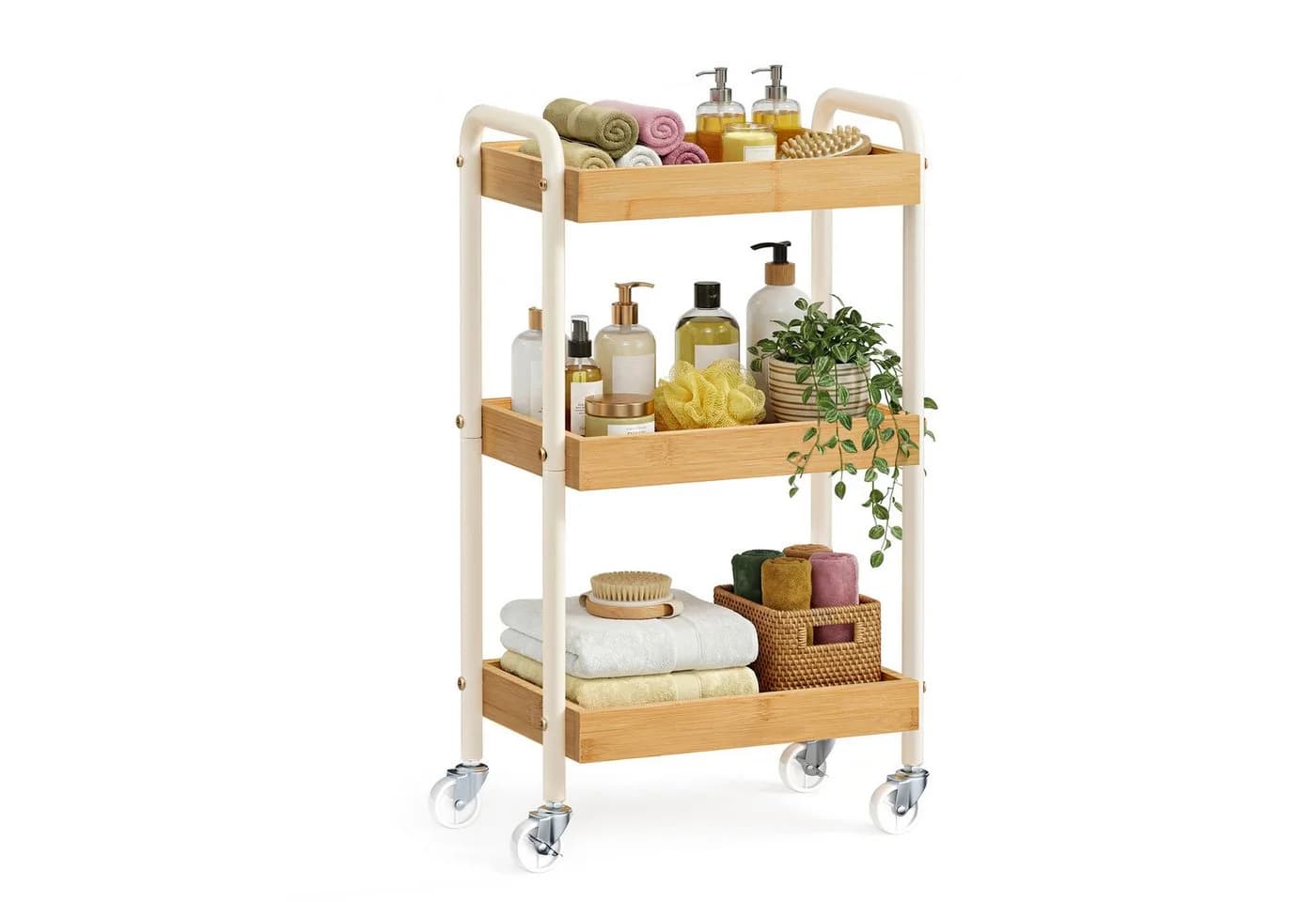 SONGMICS Beistellwagen Bambus Beige Küchenregal mit Griffen - Bild 2
