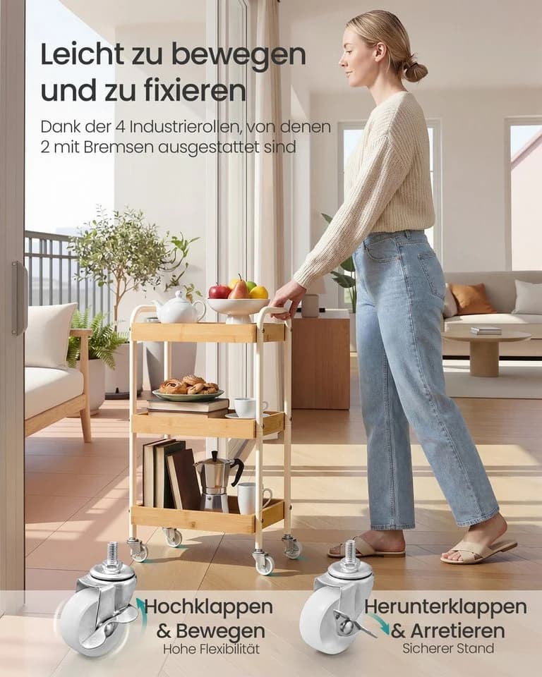SONGMICS Beistellwagen Bambus Beige Küchenregal mit Griffen - Bild 4