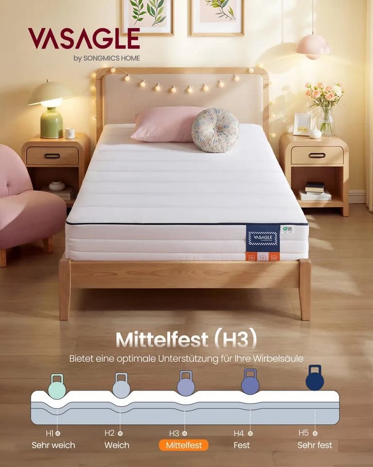 VASAGLE Kaltschaummatratze Gel-Memory-Schaum 16 cm weiß H3 7-Zonen