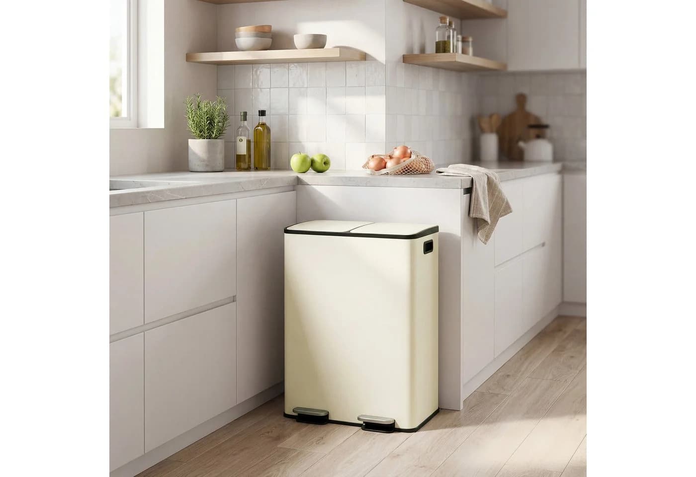 SONGMICS Mülleimer Mülltrennsystem 2x30L Softclose Cremefarben