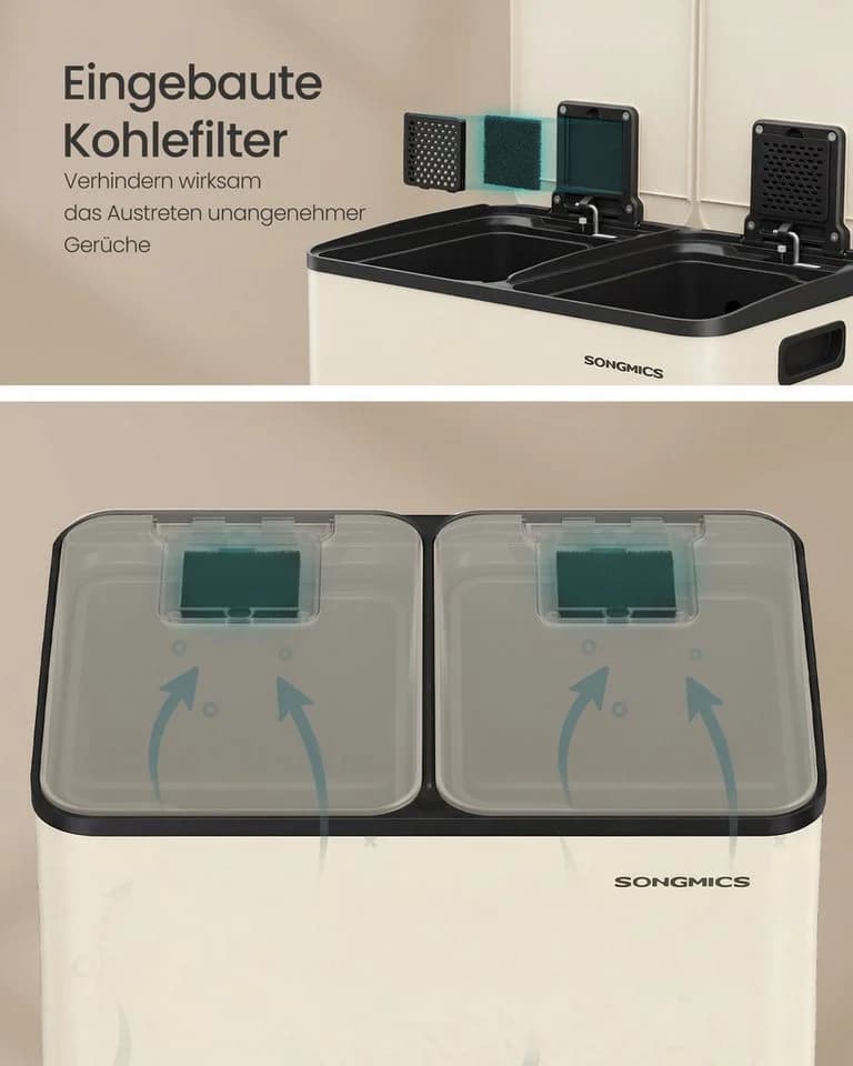 SONGMICS Mülleimer Mülltrennsystem 2x30L Softclose Cremefarben - Bild 5