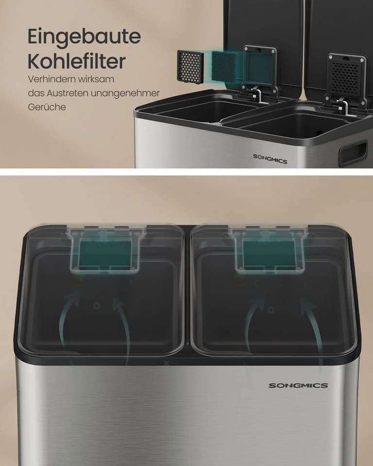 SONGMICS Mülleimer Mülltrennsystem 2x30L Softclose Silber - Bild 5