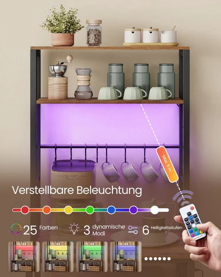 VASAGLE Standregal Vintagebraun-Mattschwarz mit LED, Steckdosen & 8 Haken