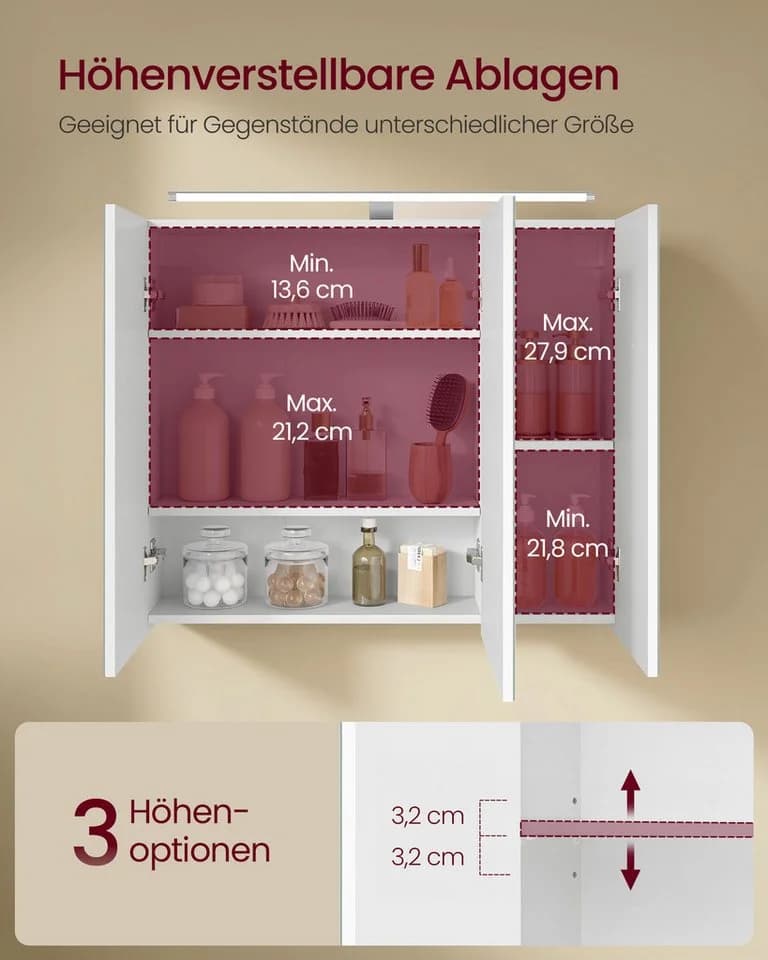 VASAGLE Spiegelschrank 3 Türen Weiß mit Beleuchtung - Bild 3