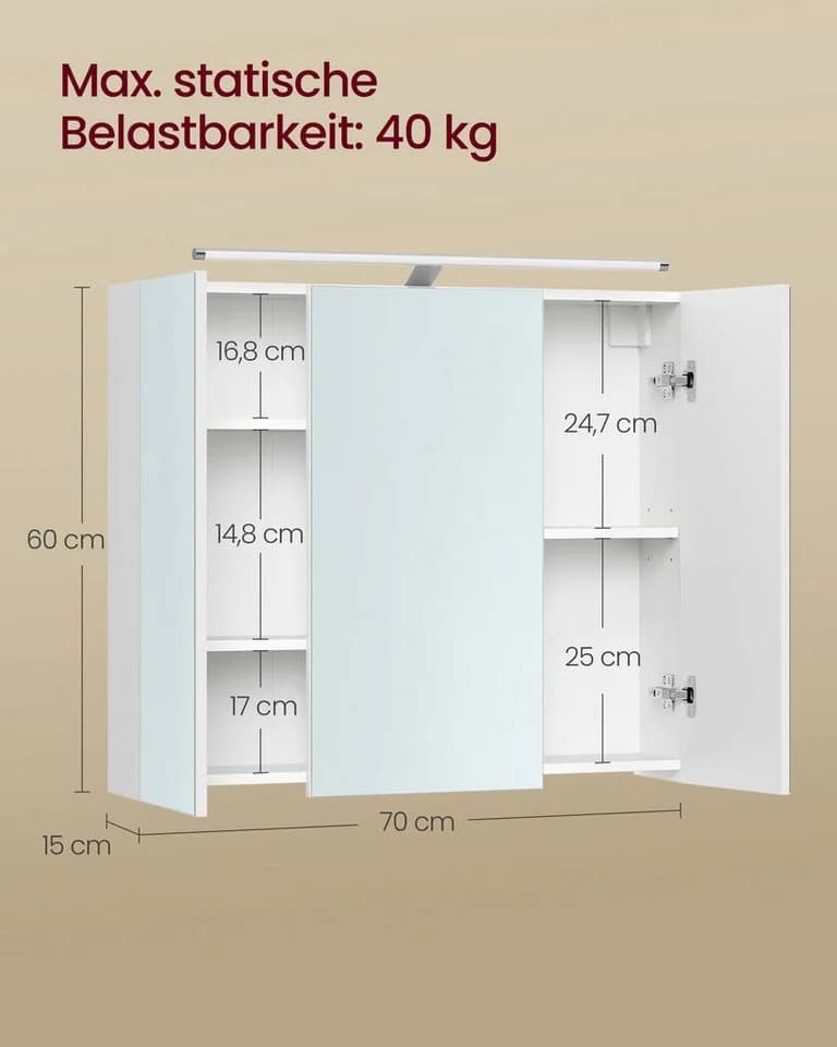 VASAGLE Spiegelschrank 3 Türen Weiß mit Beleuchtung - Bild 5