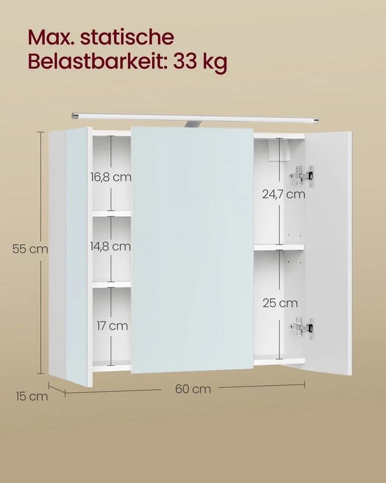 VASAGLE Spiegelschrank Weiß mit Beleuchtung und verstellbaren Ablagen - Bild 5