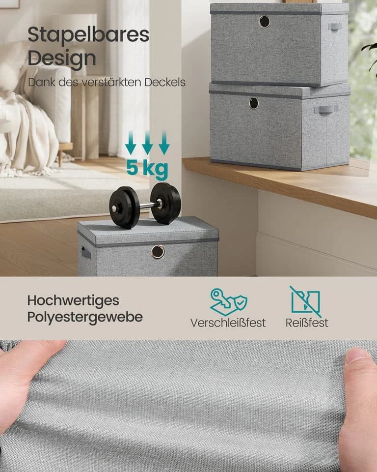 SONGMICS Aufbewahrungsbox 3er Set mit Deckel und Griffen Hellgrau - Bild 4