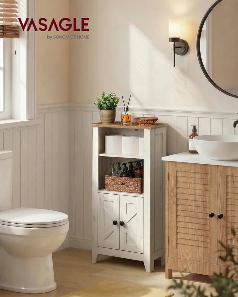 VASAGLE Badschrank Landhausstil Weiß/Braun mit verstellbarer Ablage